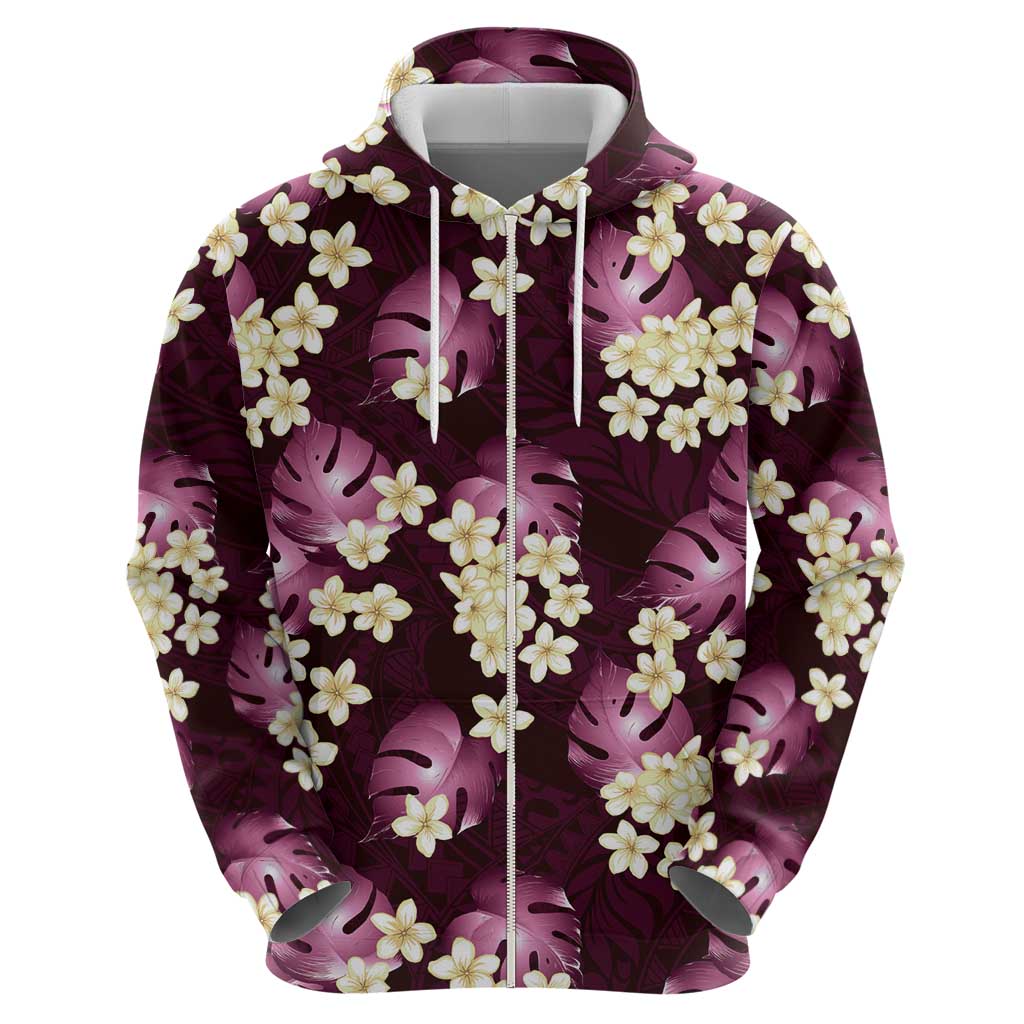 Pink Tropical Hawaii Zip Hoodie Seamless Monstera Plumeria Hawaiian Pattern - Polynesian Pride
