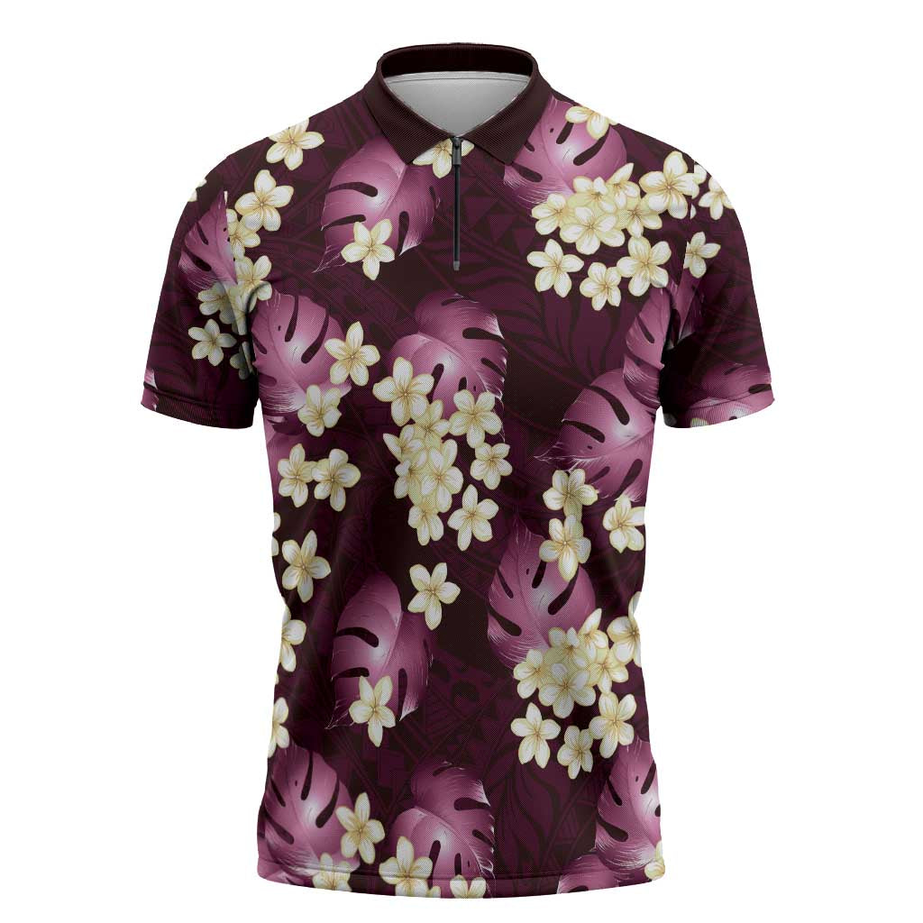 Pink Tropical Hawaii Zipper Polo Shirt Seamless Monstera Plumeria Hawaiian Pattern - Polynesian Pride