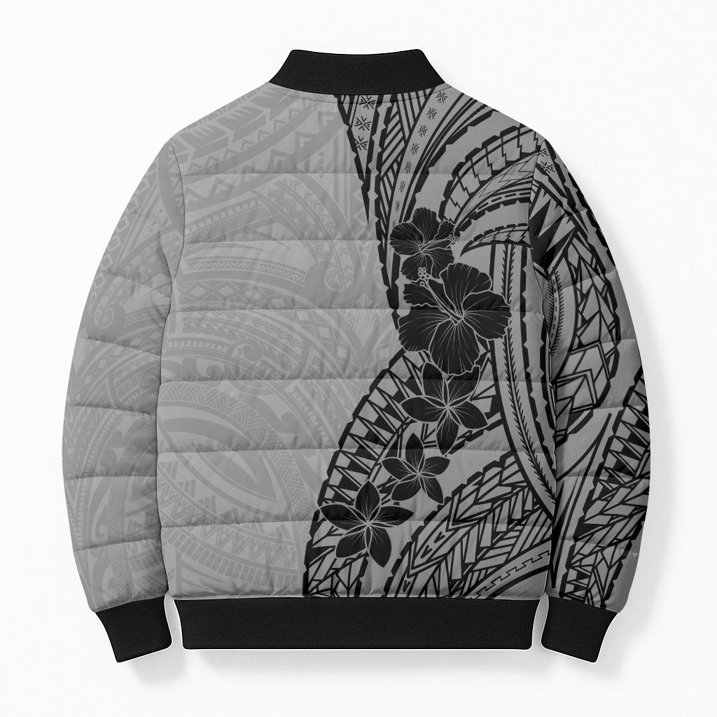 Black Gray Polynesia Tropical Flowers Bomber Puffer Jacket LT14 - Polynesian Pride
