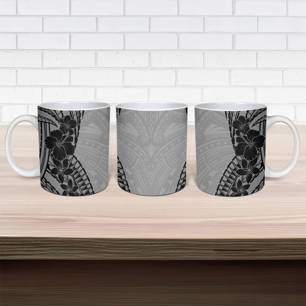 Black Gray Polynesia Tropical Flowers Ceramic Mug