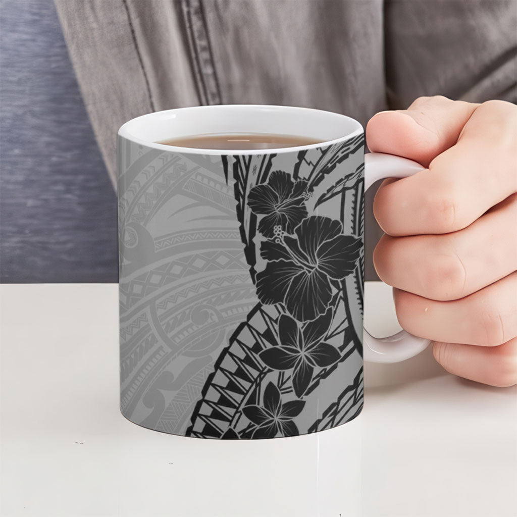 Black Gray Polynesia Tropical Flowers Ceramic Mug