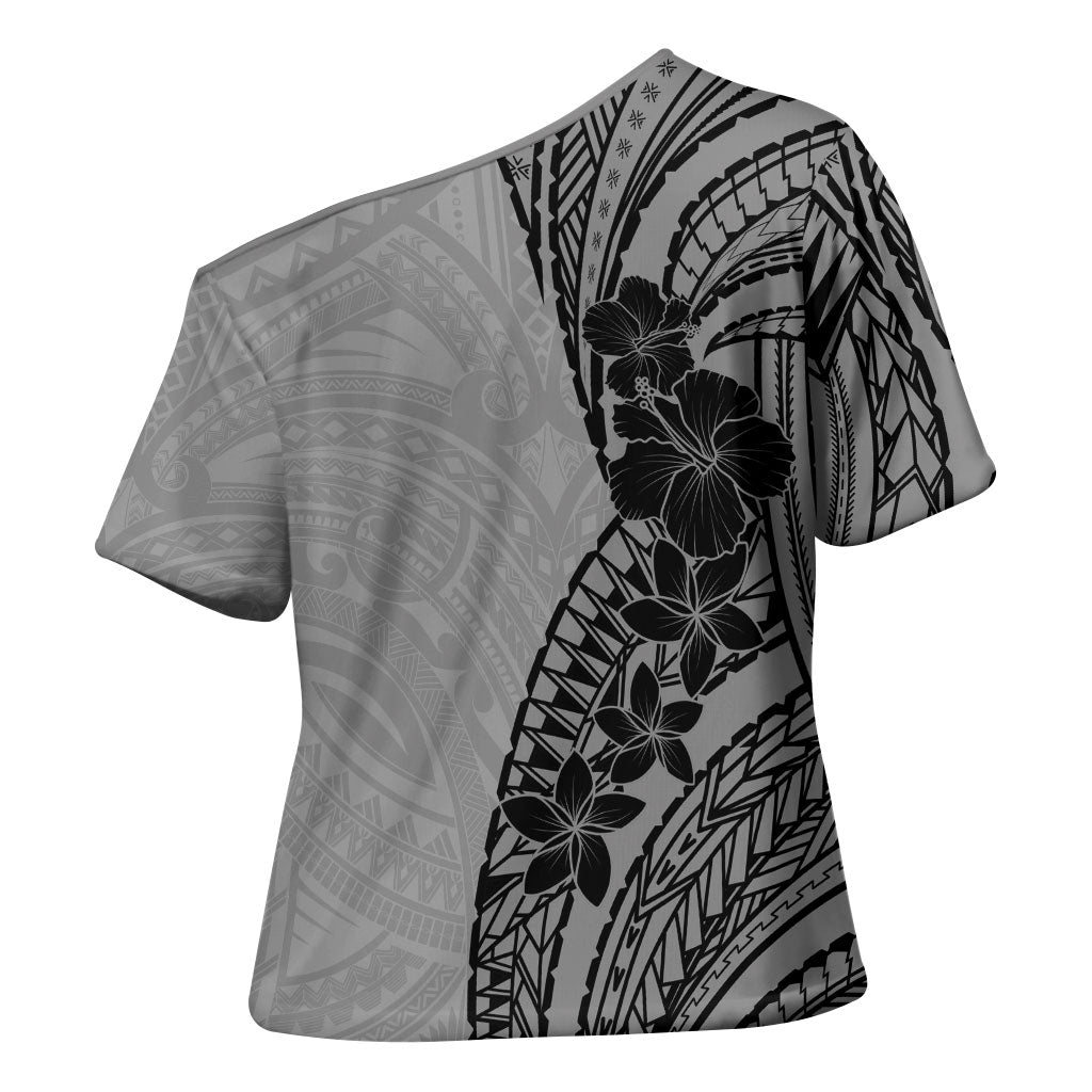 Black Gray Polynesia Tropical Flowers Cross Shoulder Shirt LT14 - Polynesian Pride