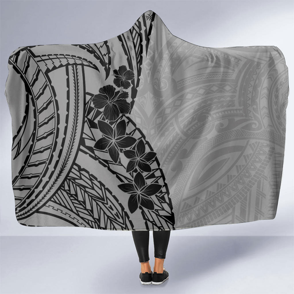Black Gray Polynesia Tropical Flowers Hooded Blanket LT14 One Size Gray - Polynesian Pride