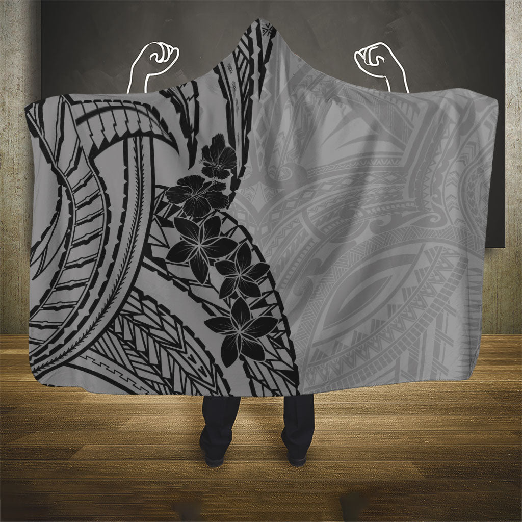 Black Gray Polynesia Tropical Flowers Hooded Blanket LT14 - Polynesian Pride