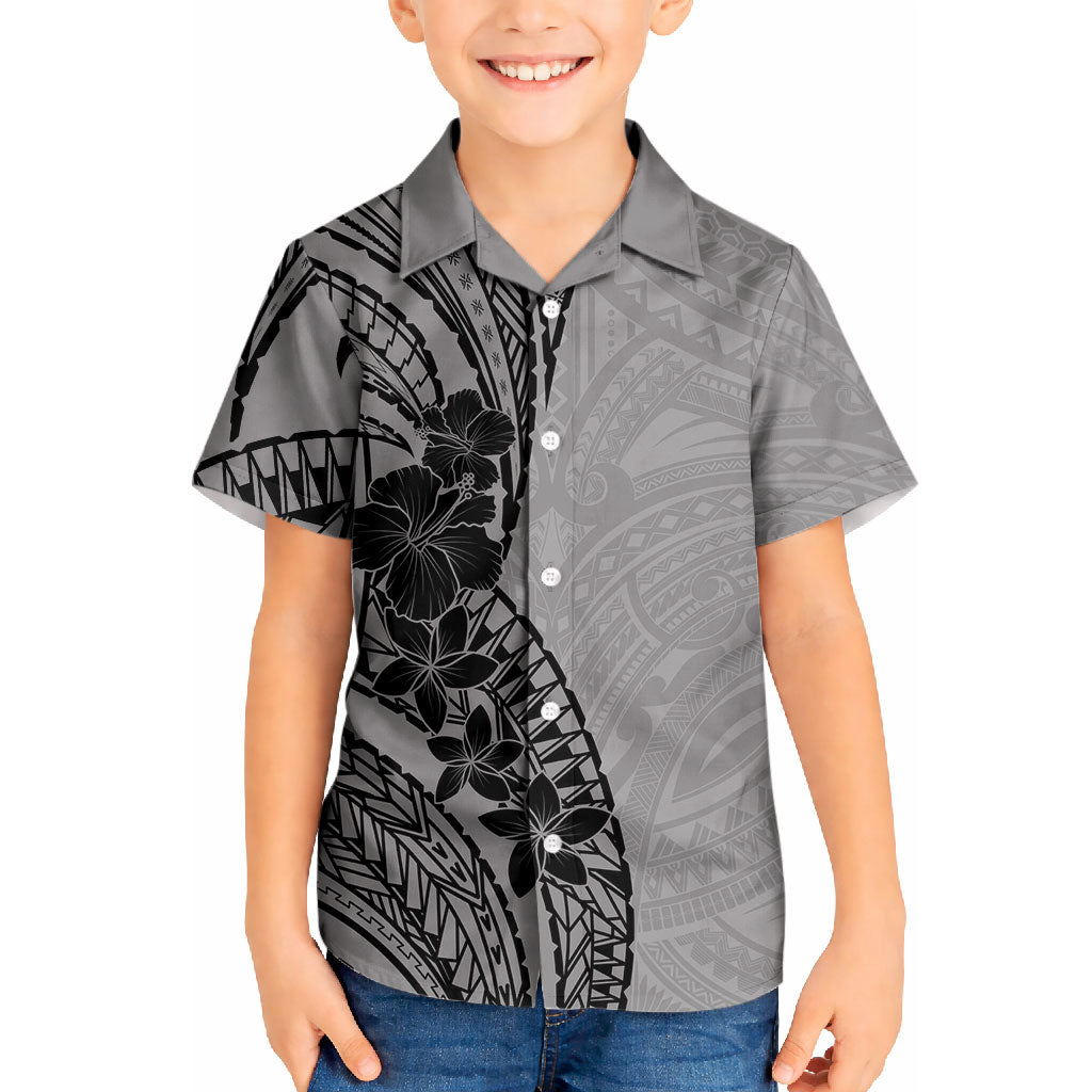 Black Gray Polynesia Tropical Flowers Kid Hawaiian Shirt