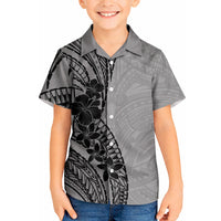 Black Gray Polynesia Tropical Flowers Kid Hawaiian Shirt