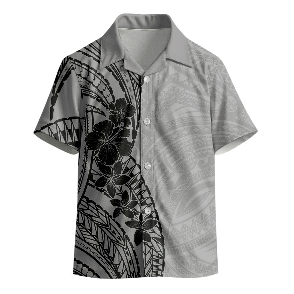 Black Gray Polynesia Tropical Flowers Kid Hawaiian Shirt