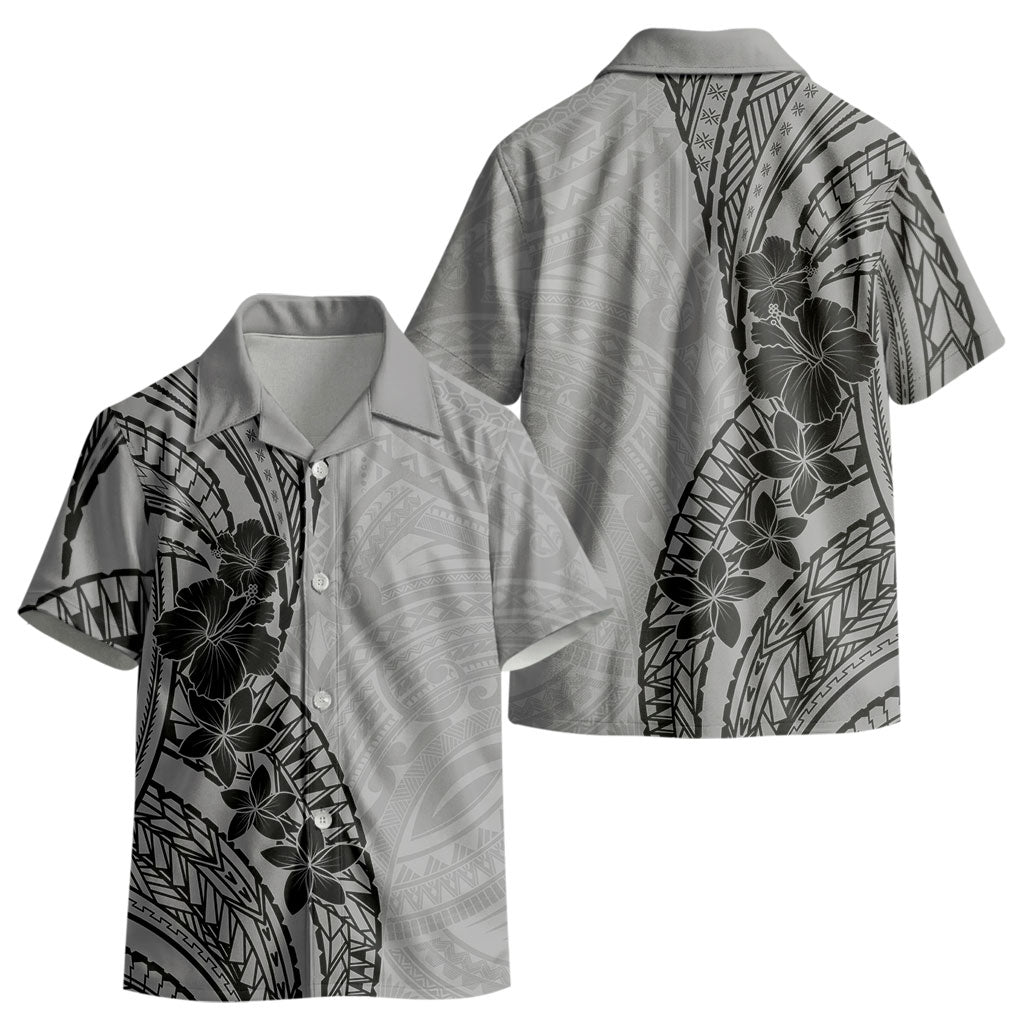 Black Gray Polynesia Tropical Flowers Kid Hawaiian Shirt