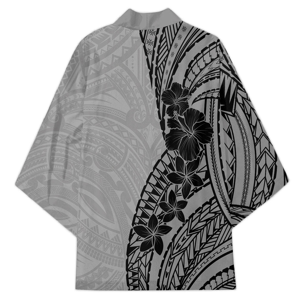 Black Gray Polynesia Tropical Flowers Kimono