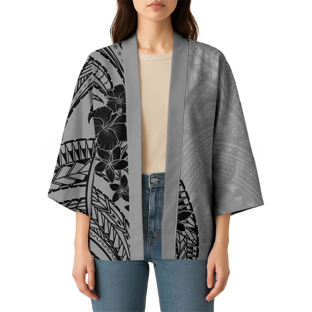 Black Gray Polynesia Tropical Flowers Kimono