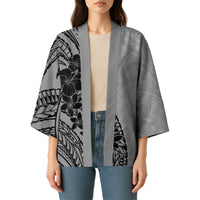 Black Gray Polynesia Tropical Flowers Kimono