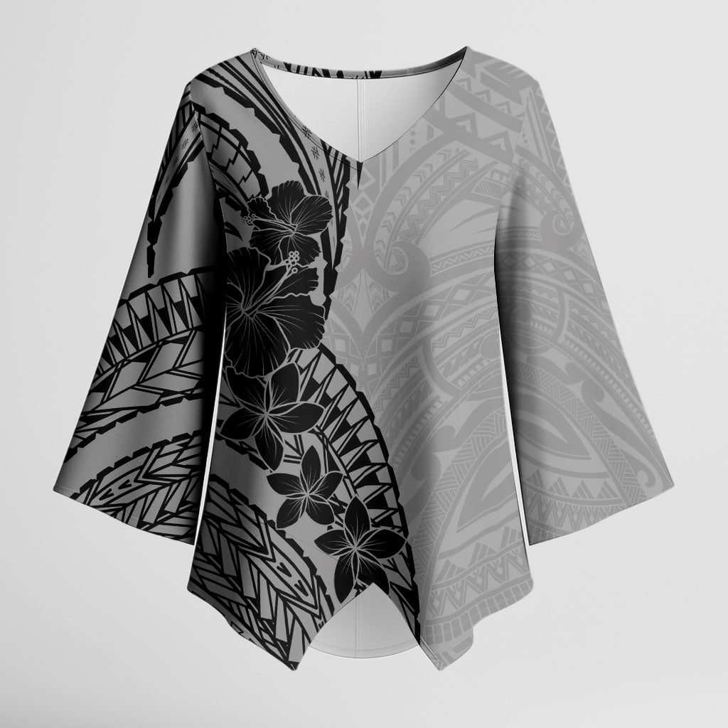 Black Gray Polynesia Tropical Flowers Kimono Sleeve Blouse LT14 Female Gray - Polynesian Pride