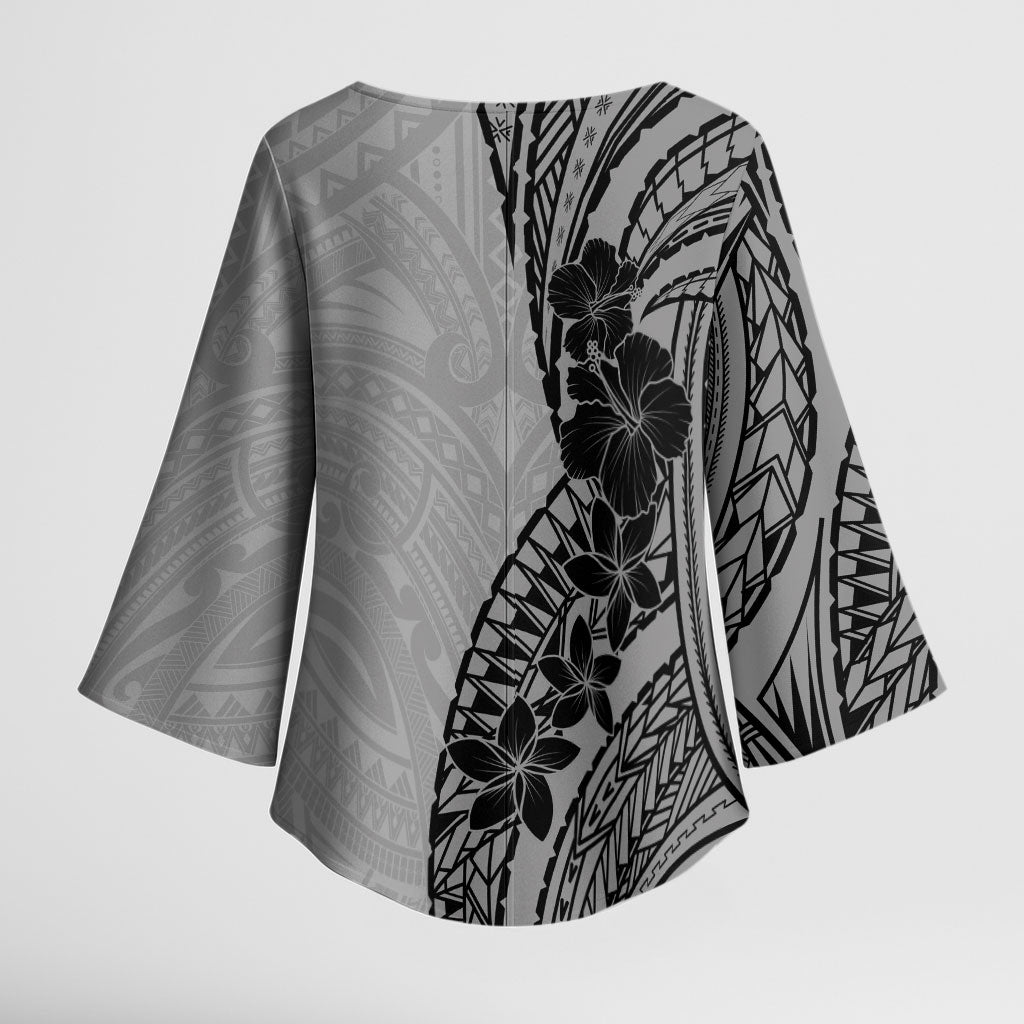 Black Gray Polynesia Tropical Flowers Kimono Sleeve Blouse LT14 - Polynesian Pride
