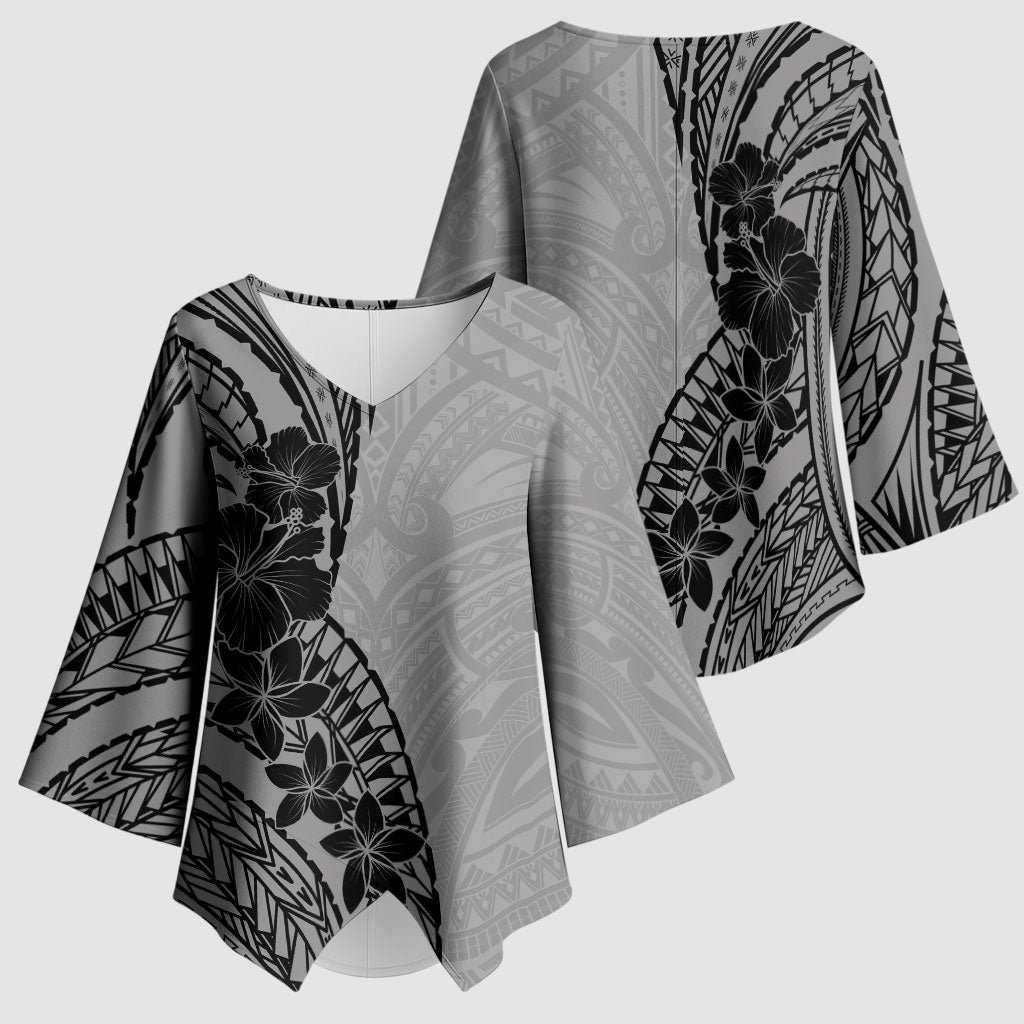 Black Gray Polynesia Tropical Flowers Kimono Sleeve Blouse LT14 - Polynesian Pride