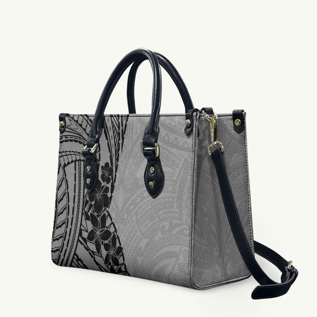 Black Gray Polynesia Tropical Flowers Leather Bag