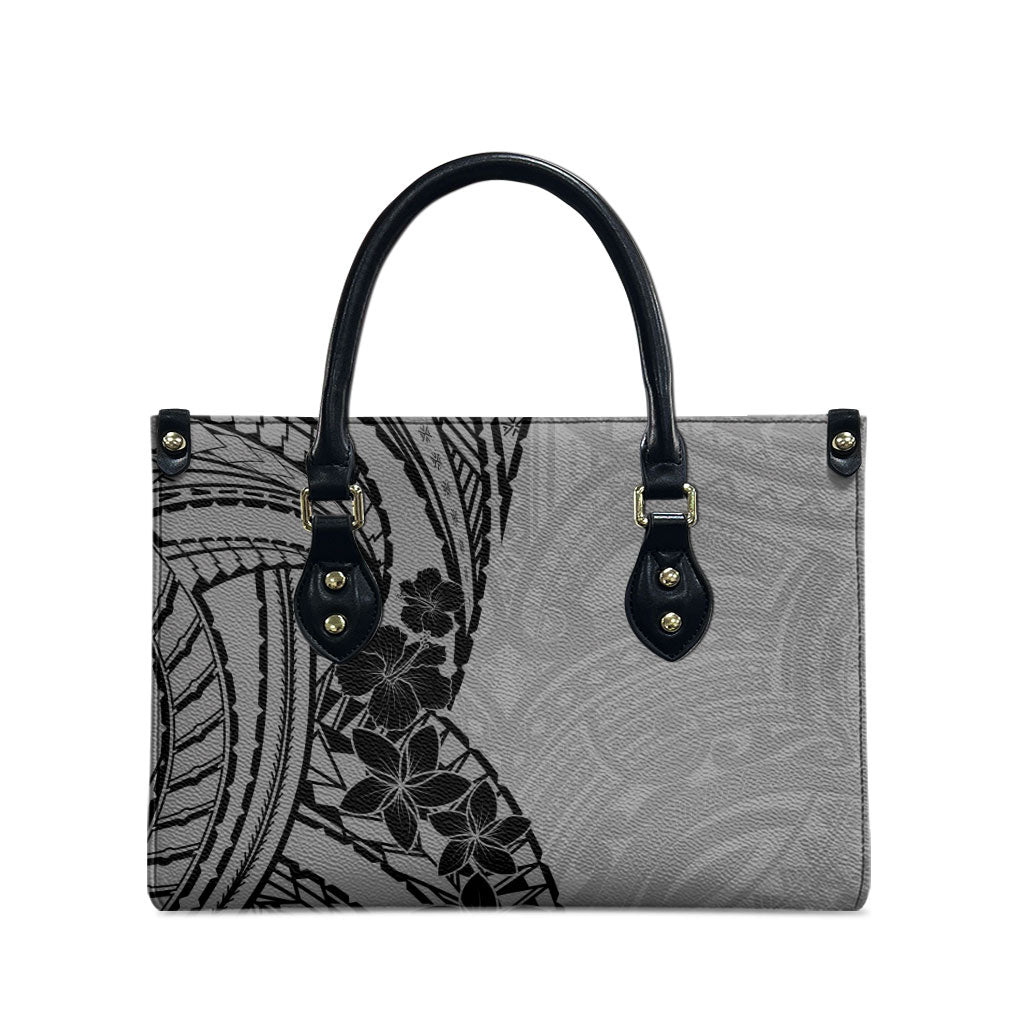 Black Gray Polynesia Tropical Flowers Leather Bag