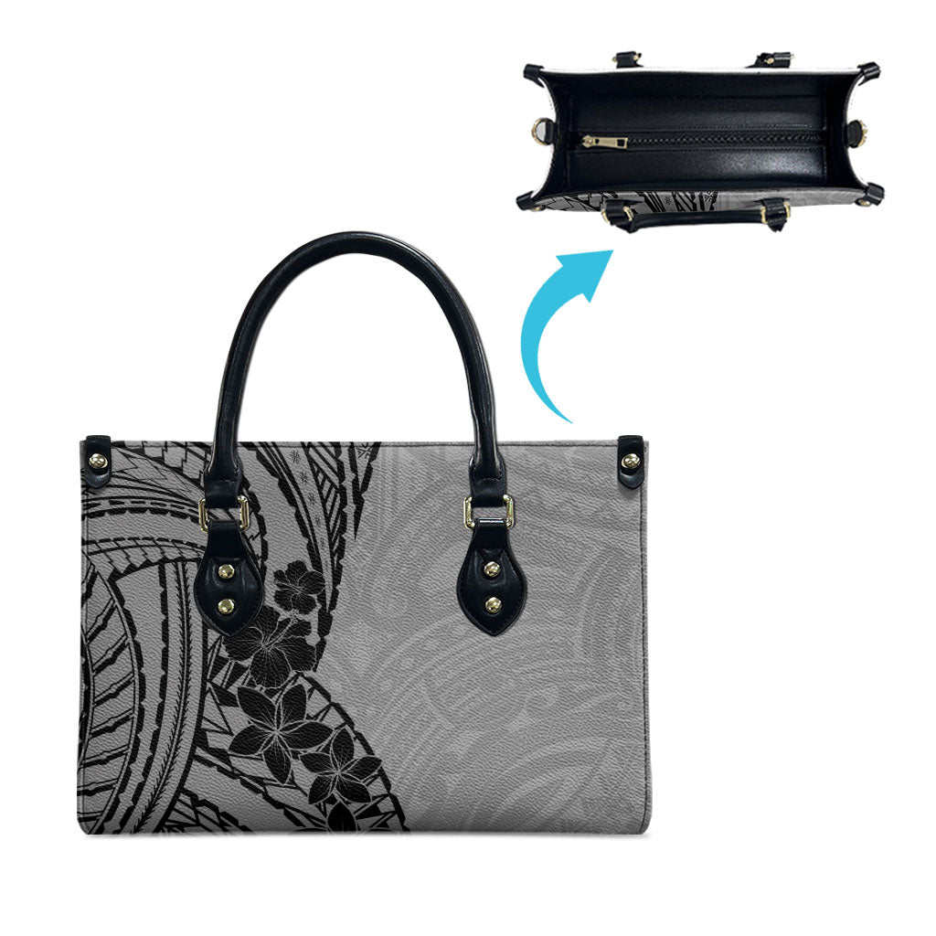Black Gray Polynesia Tropical Flowers Leather Bag