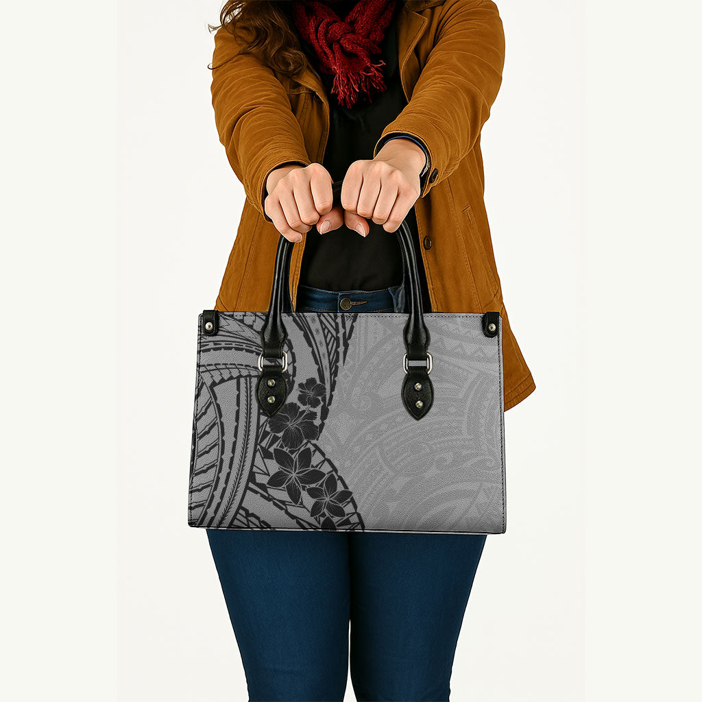 Black Gray Polynesia Tropical Flowers Leather Bag