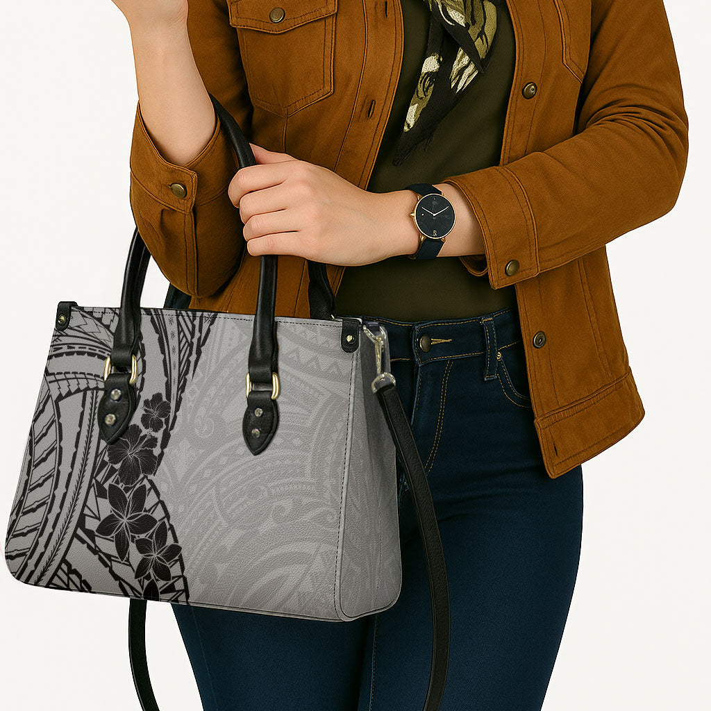 Black Gray Polynesia Tropical Flowers Leather Bag