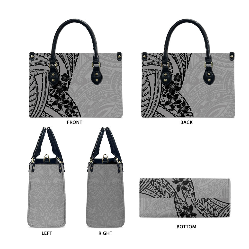 Black Gray Polynesia Tropical Flowers Leather Bag