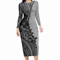 Black Gray Polynesia Tropical Flowers Long Sleeve Bodycon Dress LT14 Long Dress Gray - Polynesian Pride