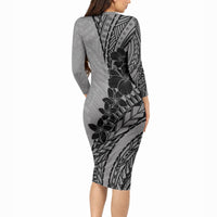 Black Gray Polynesia Tropical Flowers Long Sleeve Bodycon Dress LT14 - Polynesian Pride