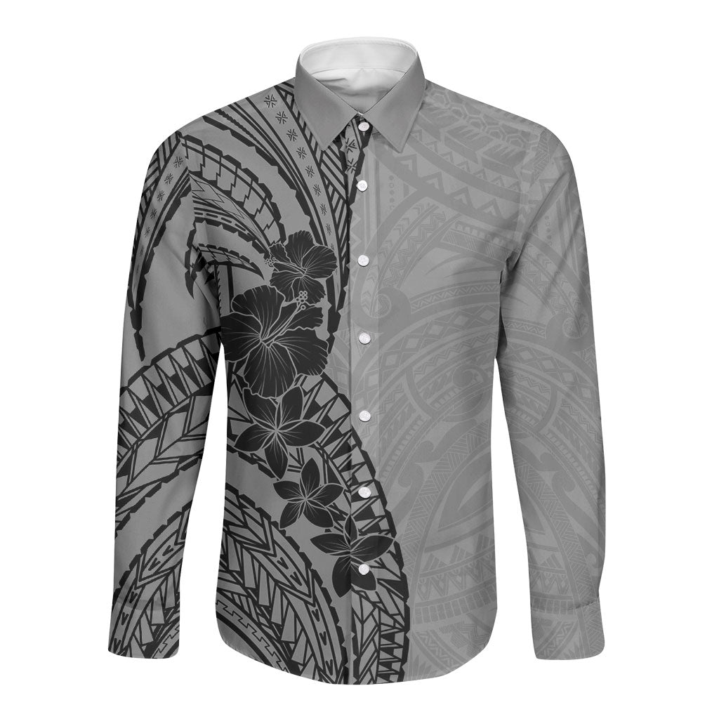 Black Gray Polynesia Tropical Flowers Long Sleeve Button Shirt LT14 Unisex Gray - Polynesian Pride