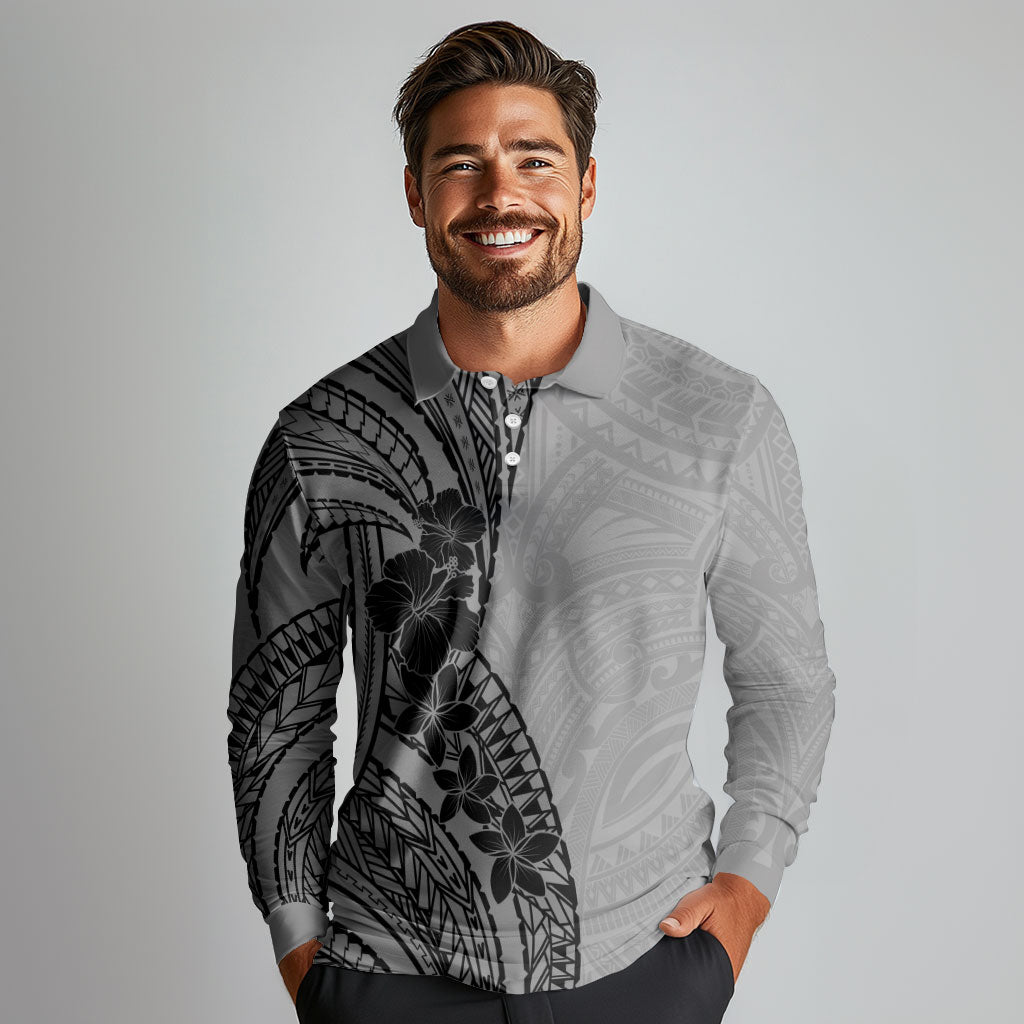 Black Gray Polynesia Tropical Flowers Long Sleeve Polo Shirt LT14 - Polynesian Pride