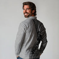 Black Gray Polynesia Tropical Flowers Long Sleeve Polo Shirt LT14 - Polynesian Pride
