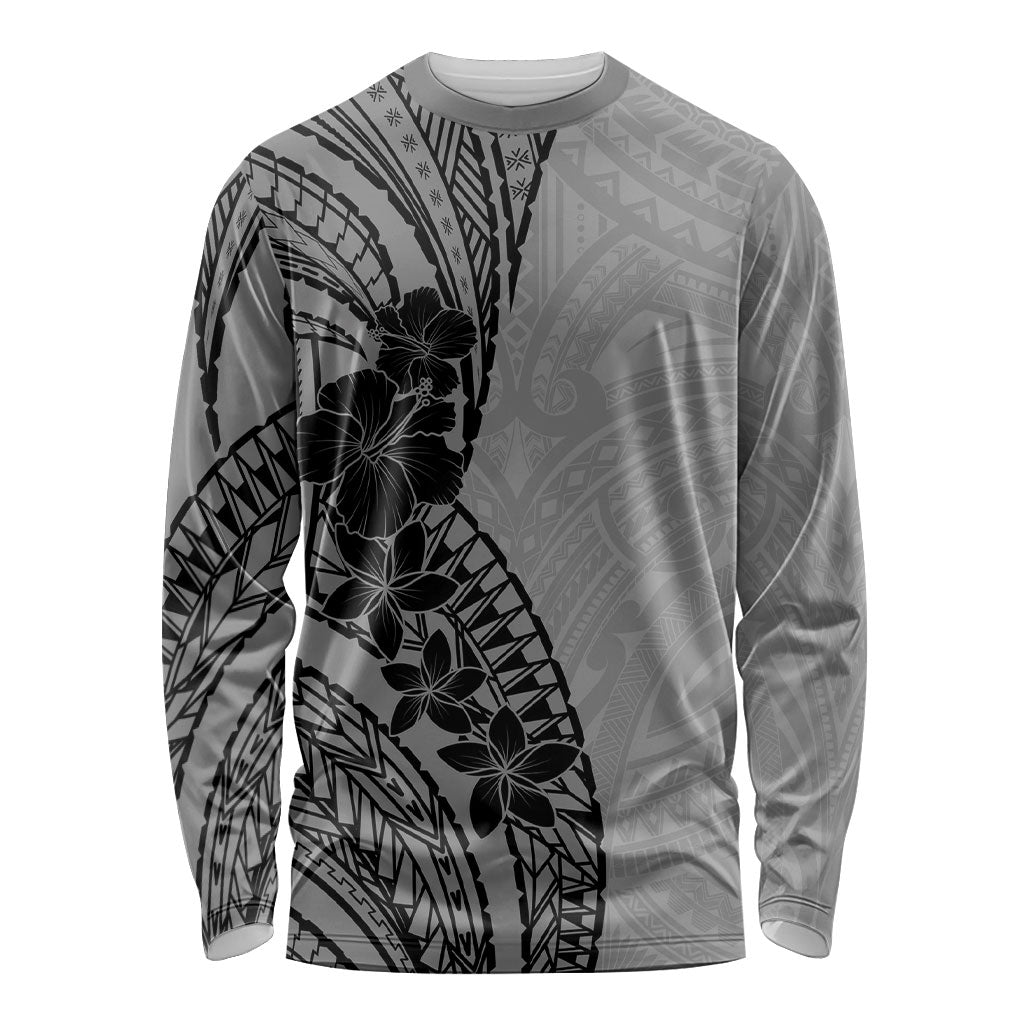 Black Gray Polynesia Tropical Flowers Long Sleeve Shirt LT14 Unisex Gray - Polynesian Pride