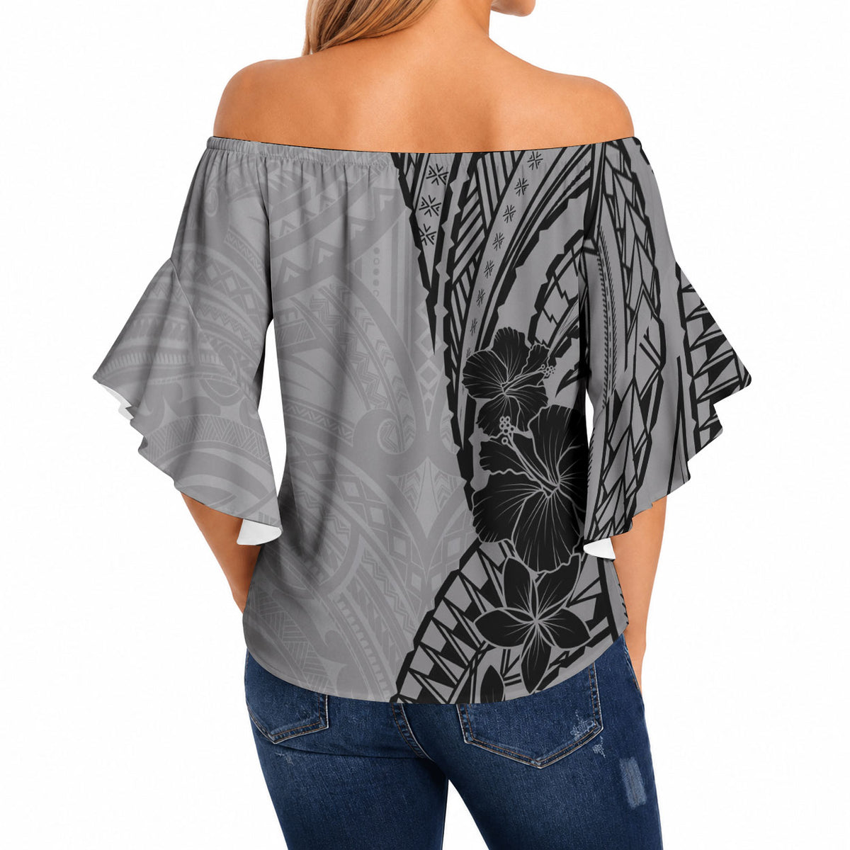 Black Gray Polynesia Tropical Flowers Off Shoulder Wrap Waist Top LT14 - Polynesian Pride