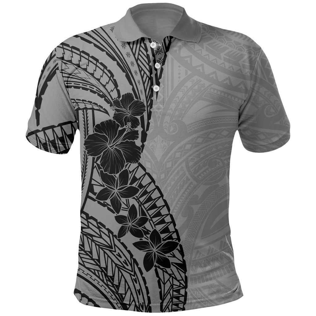 Black Gray Polynesia Tropical Flowers Polo Shirt