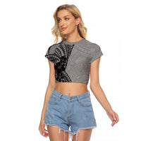 Black Gray Polynesia Tropical Flowers Raglan Cropped T Shirt LT14 Female Gray - Polynesian Pride