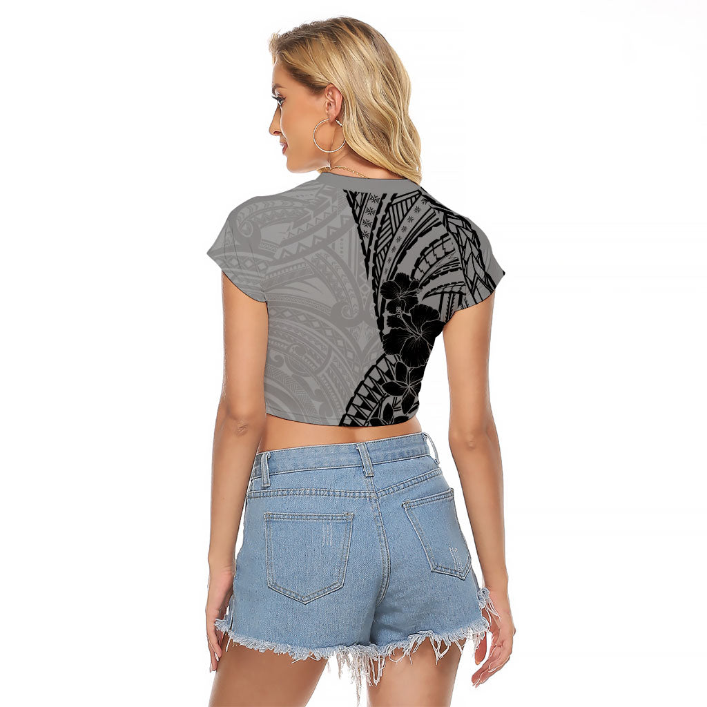 Black Gray Polynesia Tropical Flowers Raglan Cropped T Shirt LT14 - Polynesian Pride