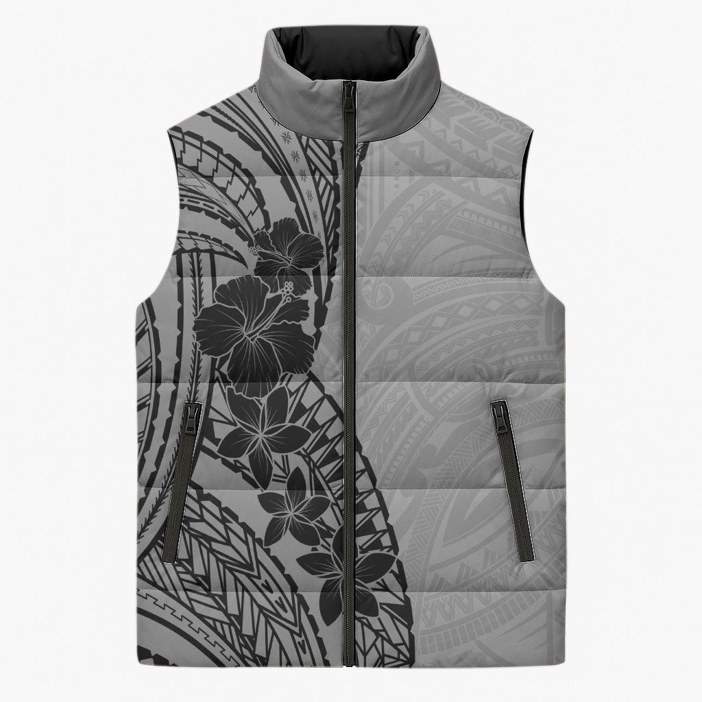 Black Gray Polynesia Tropical Flowers Sleeveless Puffer Jacket LT14 Unisex Gray - Polynesian Pride