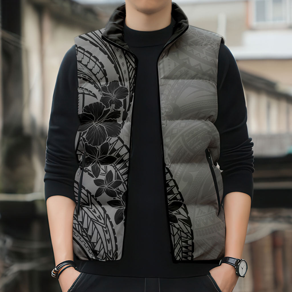 Black Gray Polynesia Tropical Flowers Sleeveless Puffer Jacket LT14 - Polynesian Pride