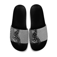 Black Gray Polynesia Tropical Flowers Slide Sandals