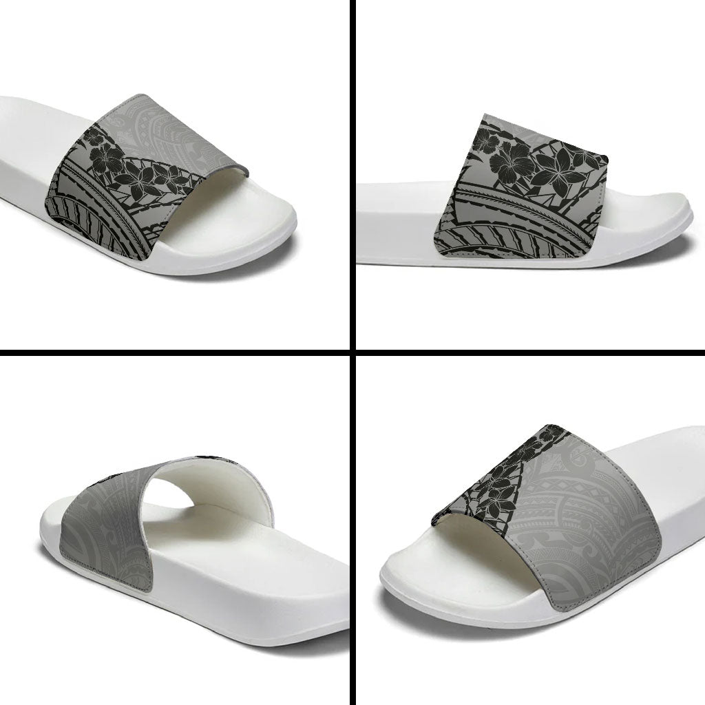 Black Gray Polynesia Tropical Flowers Slide Sandals
