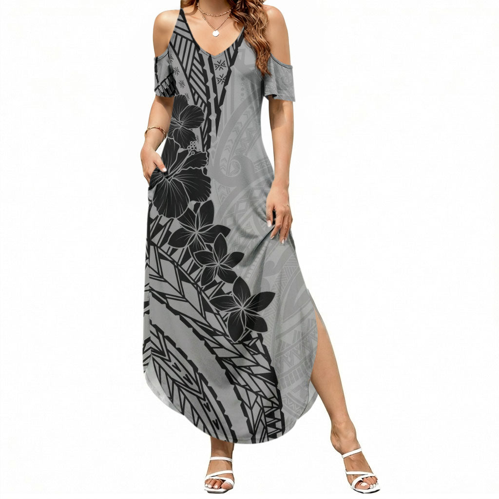 Black Gray Polynesia Tropical Flowers Summer Maxi Dress LT14 Women Gray - Polynesian Pride