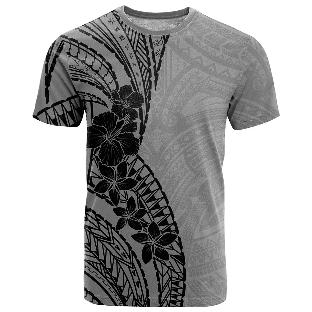 Black Gray Polynesia Tropical Flowers T Shirt