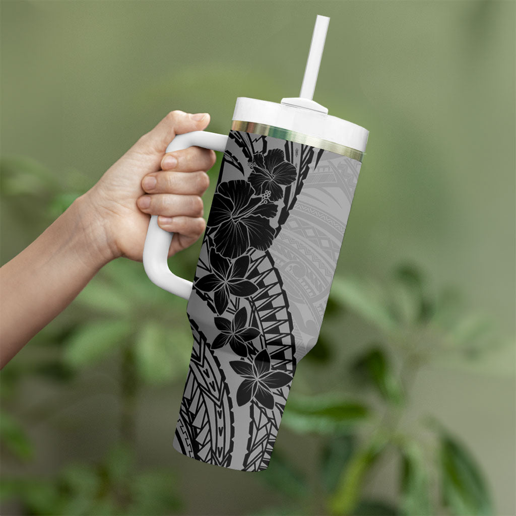 Black Gray Polynesia Tropical Flowers Tumbler With Handle LT14 - Polynesian Pride