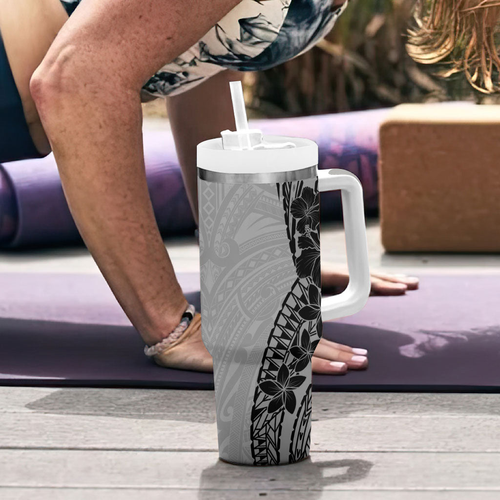 Black Gray Polynesia Tropical Flowers Tumbler With Handle LT14 - Polynesian Pride