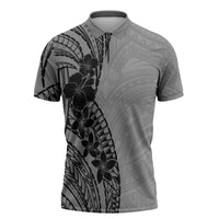 Black Gray Polynesia Tropical Flowers Zipper Polo Shirt LT14 Gray - Polynesian Pride