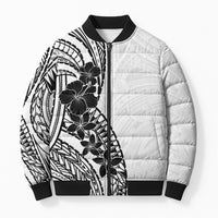 Black White Polynesia Tropical Flowers Bomber Puffer Jacket