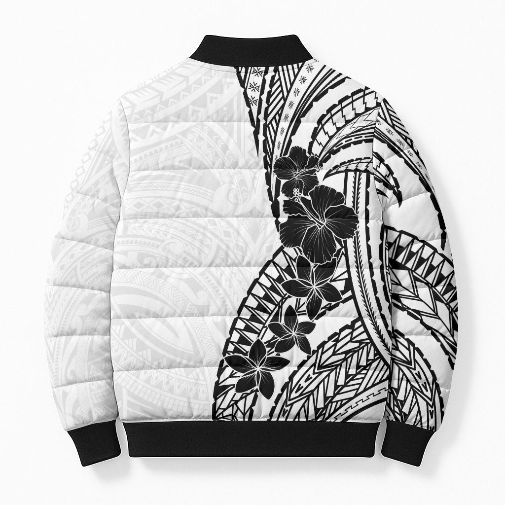 Black White Polynesia Tropical Flowers Bomber Puffer Jacket