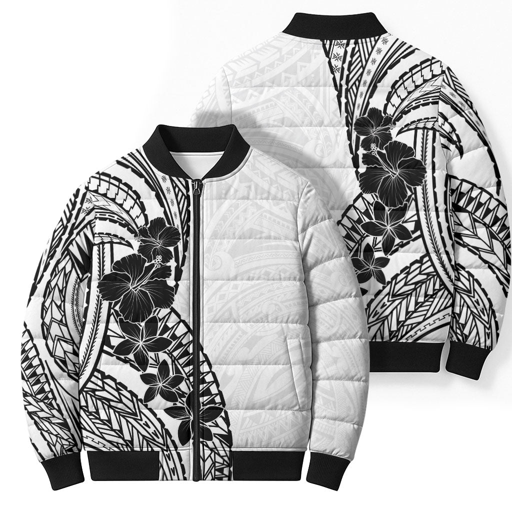 Black White Polynesia Tropical Flowers Bomber Puffer Jacket