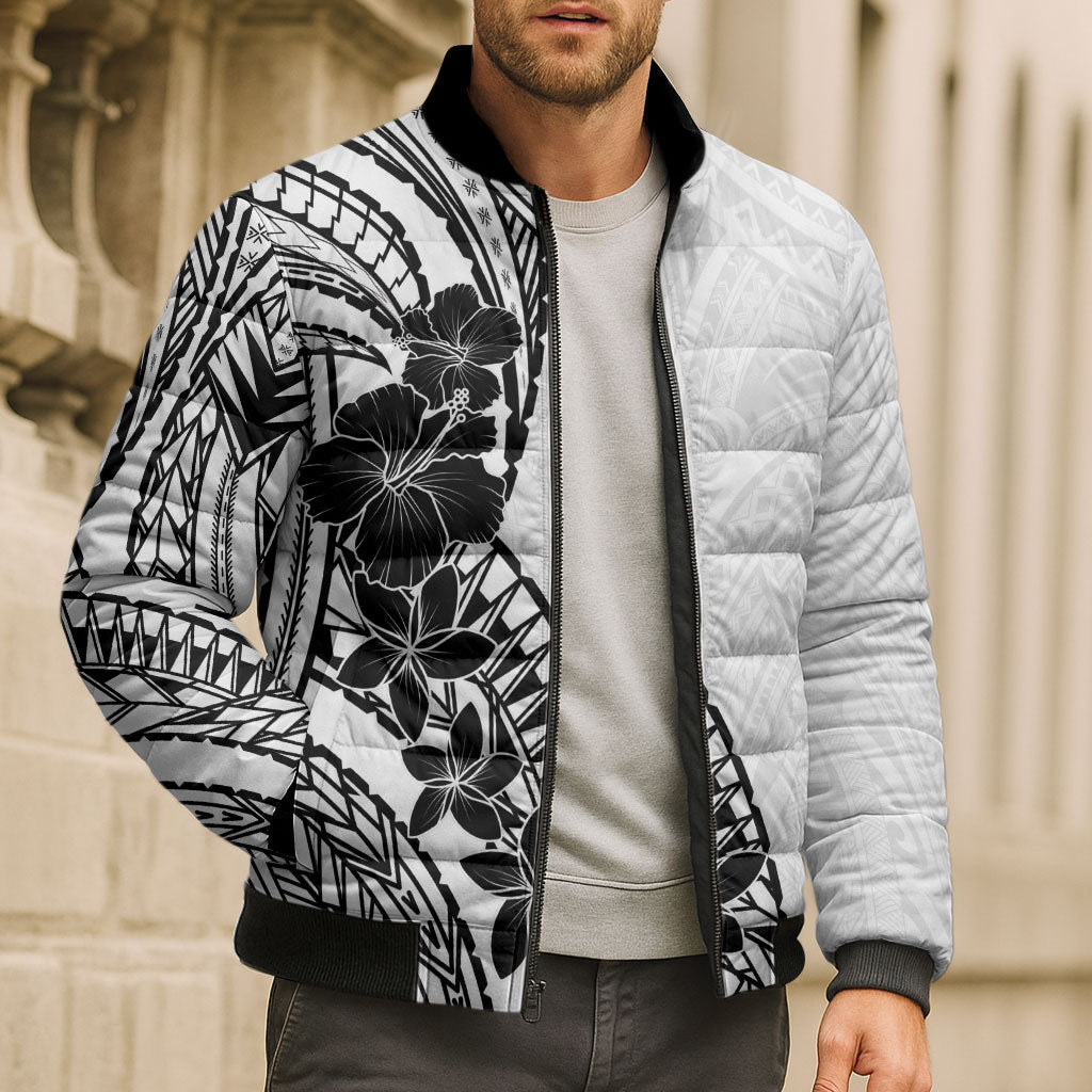 Black White Polynesia Tropical Flowers Bomber Puffer Jacket