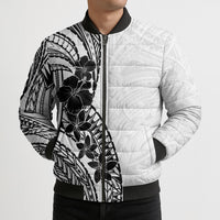Black White Polynesia Tropical Flowers Bomber Puffer Jacket