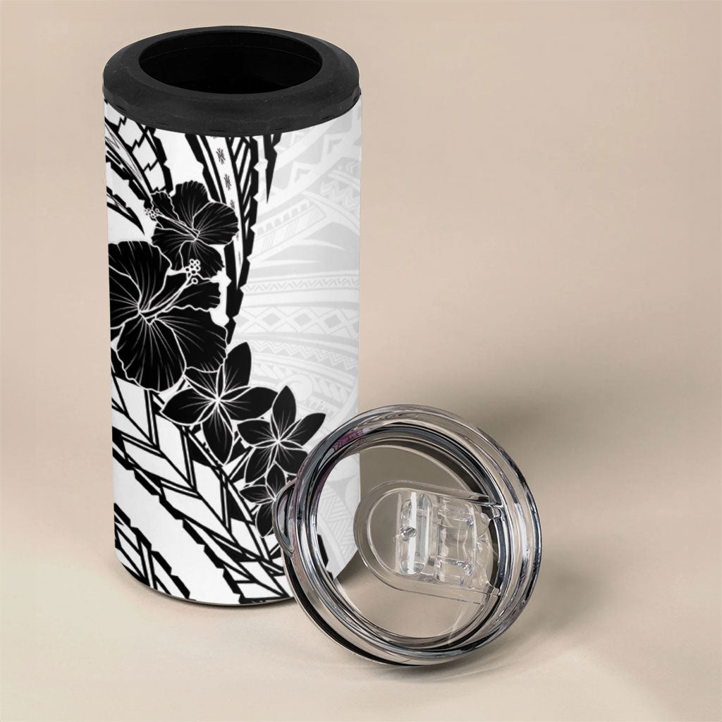 Black White Polynesia Tropical Flowers 4 in 1 Can Cooler Tumbler