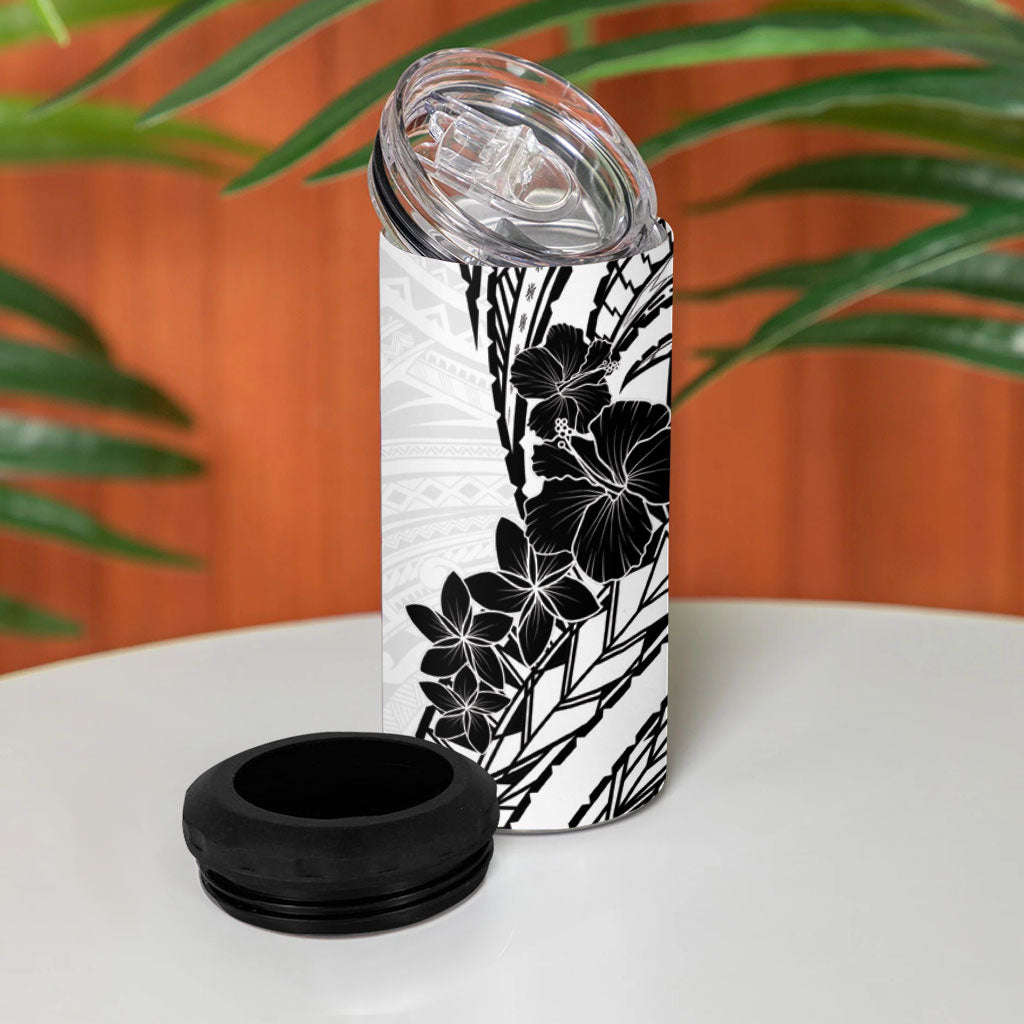 Black White Polynesia Tropical Flowers 4 in 1 Can Cooler Tumbler